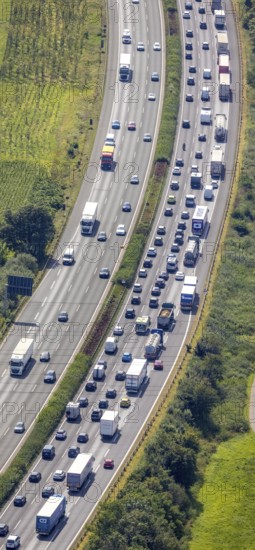 Aerial photo, traffic volume on the A1 motorway in Südkamen, truck traffic jam, Kamen, Ruhr area, North Rhine-Westphalia, Germany, motorway, DE, Europe, freight traffic, aerial photo, aerial photography, aerial photography, passenger traffic, road traffic, overview, traffic, traffic volume, bird's eye view, bird's eye view, overview