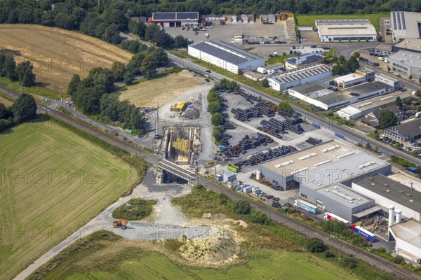 Aerial view, auxiliary bridges below the tracks next to Südkamener Straße in Südkamen, Kamen, Ruhr area, North Rhine-Westphalia, Germany, railway tracks, construction work, construction area, building site, building plots, construction project, construction site, bridge construction, DE, Europe, railway tracks, aerial view, aerial photography, aerial photography, overview, bird's-eye view, bird's-eye view, overview