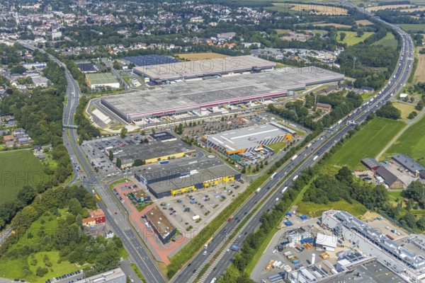 Aerial view, commercial area Unna / Kamen with Hornbach and logistics park P3 Kamen in the background, Kamen, Ruhr area, North Rhine-Westphalia, Germany, DE, Europe, commercial enterprises, commercial area, commercial park, commercial location, commercial use, freight traffic, industrial area, industrial building, industrial location, logistics, logistics service, logistics service provider, logistics provider, logistics centre, aerial view, aerial photography, aerial photography, overview, bird's eye view, birds-eyes view, overview