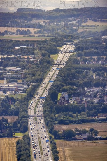 Aerial photo, traffic volume on the A1 motorway in Südkamen, truck traffic jam, Kamen, Ruhr area, North Rhine-Westphalia, Germany, motorway, DE, Europe, freight traffic, aerial photo, aerial photography, aerial photography, passenger traffic, road traffic, overview, traffic, traffic volume, bird's eye view, bird's eye view, overview