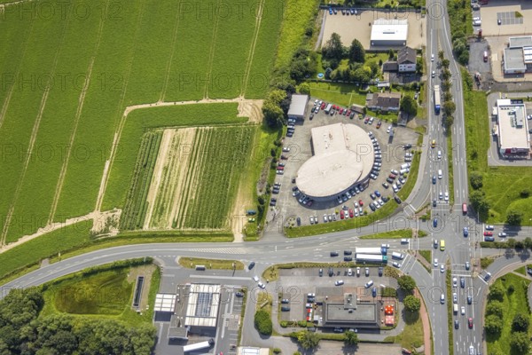 Aerial view, commercial area Unna / Kamen with TCB Automobile, Kamen, Ruhr area, North Rhine-Westphalia, Germany, DE, Europe, commercial enterprises, commercial area, commercial park, commercial location, commercial use, freight traffic, industrial area, industrial building, industrial location, logistics, logistics service, logistics service provider, logistics provider, logistics centre, aerial view, aerial photography, aerial photography, overview, bird's-eye view, overview