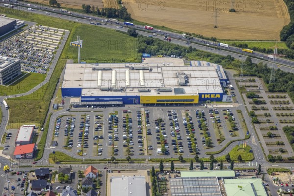 Aerial view, commercial area Unna / Kamen with Ikea, Südkamen, Kamen, Ruhr area, North Rhine-Westphalia, Germany, DE, Europe, commercial enterprises, commercial area, commercial park, commercial location, commercial use, freight traffic, industrial area, industrial building, industrial location, logistics, logistics service, logistics service provider, logistics provider, logistics centre, aerial photograph, aerial photography, aerial photography, overview, bird's-eye view, birds-eyes view, overview