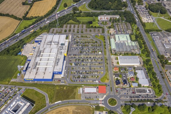 Aerial view, commercial area Unna / Kamen with Ikea, Südkamen, Kamen, Ruhr area, North Rhine-Westphalia, Germany, DE, Europe, commercial enterprises, commercial area, commercial park, commercial location, commercial use, freight traffic, industrial area, industrial building, industrial location, logistics, logistics service, logistics service provider, logistics provider, logistics centre, aerial photograph, aerial photography, aerial photography, overview, bird's-eye view, birds-eyes view, overview