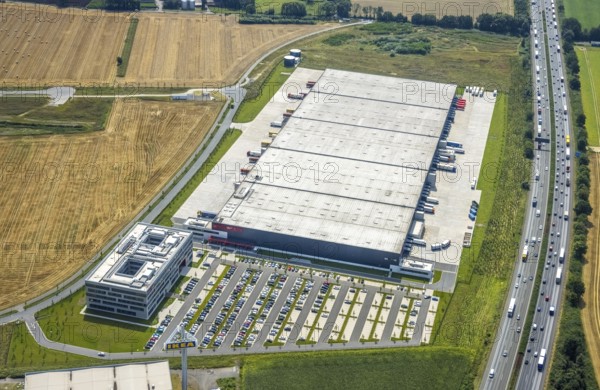 Aerial view, commercial area Unna / Kamen with Woolworth, Afferde, Unna, Ruhr area, North Rhine-Westphalia, Germany, DE, Europe, commercial enterprises, commercial area, commercial park, commercial location, commercial use, freight traffic, industrial area, industrial building, industrial location, logistics, logistics service, logistics service provider, logistics provider, logistics centre, aerial photograph, aerial photography, aerial photography, overview, bird's-eye view, birds-eyes view, overview