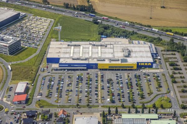 Aerial view, commercial area Unna / Kamen with Ikea, Südkamen, Kamen, Ruhr area, North Rhine-Westphalia, Germany, DE, Europe, commercial enterprises, commercial area, commercial park, commercial location, commercial use, freight traffic, industrial area, industrial building, industrial location, logistics, logistics service, logistics service provider, logistics provider, logistics centre, aerial photograph, aerial photography, aerial photography, overview, bird's-eye view, birds-eyes view, overview