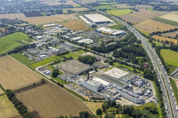 Aerial view, commercial area Unna / Kamen with Ikea and Woolworth and 3M Deutschland GmbH, Südkamen, Kamen, Ruhr area, North Rhine-Westphalia, Germany, DE, Europe, commercial enterprises, commercial area, commercial park, commercial location, commercial use, freight traffic, industrial area, industrial building, industrial location, logistics, logistics service, logistics service provider, logistics provider, logistics centre, aerial view, aerial photography, aerial photography, overview, bird's eye view, birds-eyes view, overview