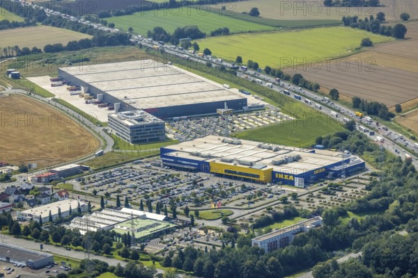 Aerial view, commercial area Unna / Kamen with Ikea and Woolworth, Südkamen, Kamen, Ruhr area, North Rhine-Westphalia, Germany, DE, Europe, commercial enterprises, commercial area, commercial park, commercial location, commercial use, freight traffic, industrial area, industrial building, industrial location, logistics, logistics service, logistics service provider, logistics provider, logistics centre, aerial view, aerial photography, aerial photography, overview, bird's eye view, bird's eye view, overview