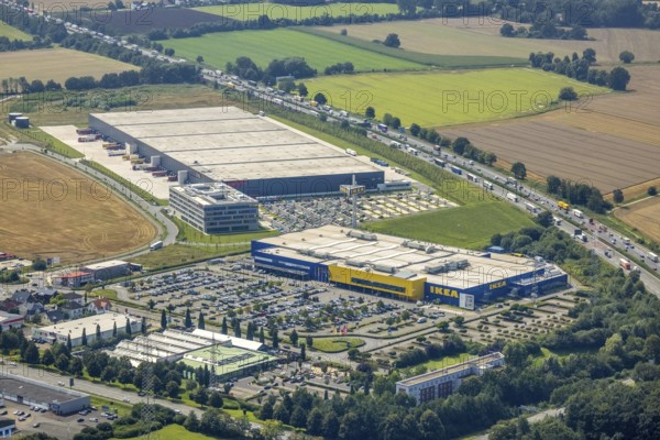 Aerial view, commercial area Unna / Kamen with Ikea and Woolworth, Südkamen, Kamen, Ruhr area, North Rhine-Westphalia, Germany, DE, Europe, commercial enterprises, commercial area, commercial park, commercial location, commercial use, freight traffic, industrial area, industrial building, industrial location, logistics, logistics service, logistics service provider, logistics provider, logistics centre, aerial view, aerial photography, aerial photography, overview, bird's eye view, bird's eye view, overview