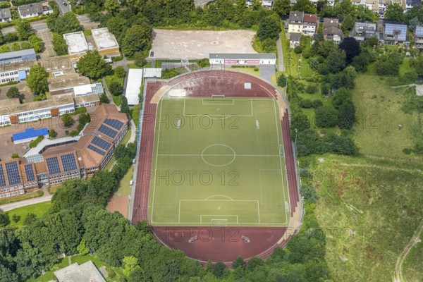 Aerial view, sports field school centre, Freiberg, Holzwickede, Ruhr area, North Rhine-Westphalia, Germany, DE, Europe, football pitch, football stadium, athletics stadium, aerial view, aerial photography, aerial photography, sports, sports facilities, sports field, sports facility, stadium, overview, bird's-eye view, overview