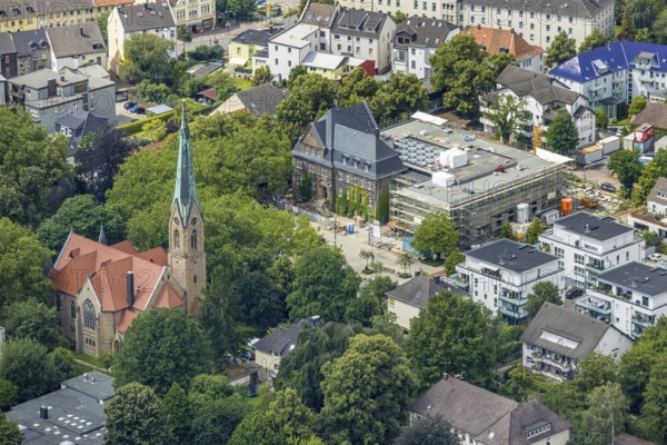 Aerial view, town hall Holzwickede, construction site and extension of the city administration, Evang. Church Am Markt, Freiberg, Holzwickede, Ruhr area, North Rhine-Westphalia, Germany, Am Markt, extension, place of worship, construction work, construction area, building site, building plots, construction project, construction site, DE, extension building, Europe, religious community, place of worship, holy place, church, parish, denomination, aerial view, aerial photography, aerial photography, new building, religion, religious site, overview, bird's eye view, birds-eyes view, overview