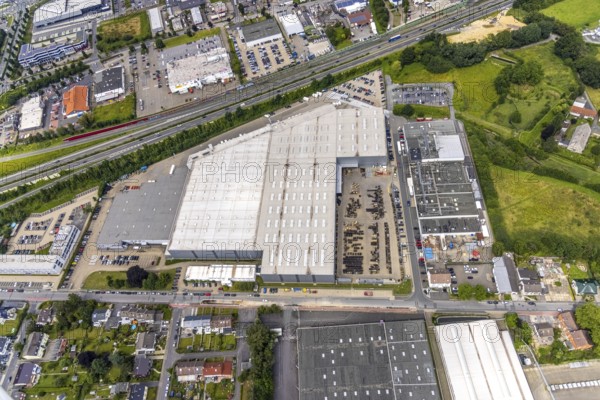 Aerial view, Sonepar branch electrical wholesale, Natorp, Holzwickede, Ruhr area, North Rhine-Westphalia, Germany, DE, Europe, commercial enterprises, commercial area, commercial park, commercial location, commercial use, industrial area, industrial location, aerial photograph, aerial photography, aerial photography, overview, bird's-eye view, overview