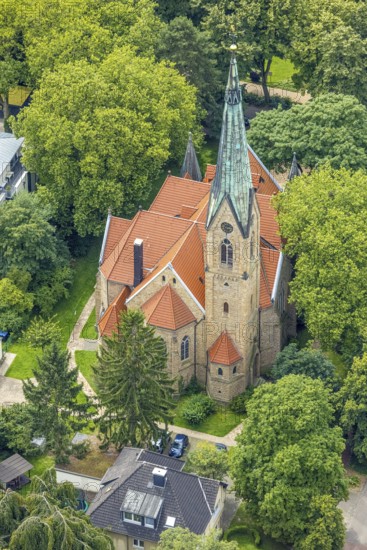 Aerial view, Protestant Church Am Markt, Freiberg, Holzwickede, Ruhr area, North Rhine-Westphalia, Germany, place of worship, DE, Europe, religious community, place of worship, holy place, church, parish, denomination, aerial photograph, aerial photography, aerial photography, religion, religious site, overview, bird's-eye view, overview