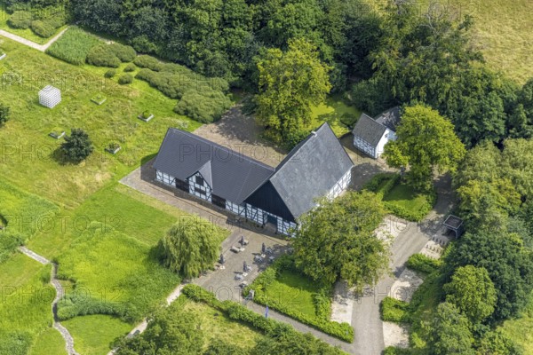 Aerial view, Emscherquellhof with source of the Emscher, Hohenleuchte, Holzwickede, Ruhr area, North Rhine-Westphalia, Germany, DE, EmscherQuelle, Europe, half-timbered houses, farmstead, aerial view, aerial photography, aerial photography, overview, bird's-eye view, former Lünschermannshof, overview