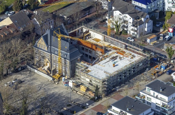 Aerial view, holzwickede construction site municipal administration, near protestant church Am Markt, market place, Freiberg, Holzwickede, Ruhr area, North Rhine-Westphalia, Germany, DE, Europe, birds-eyes view, aerial photography, aerial photography, aerial photography, overview, bird's eye view