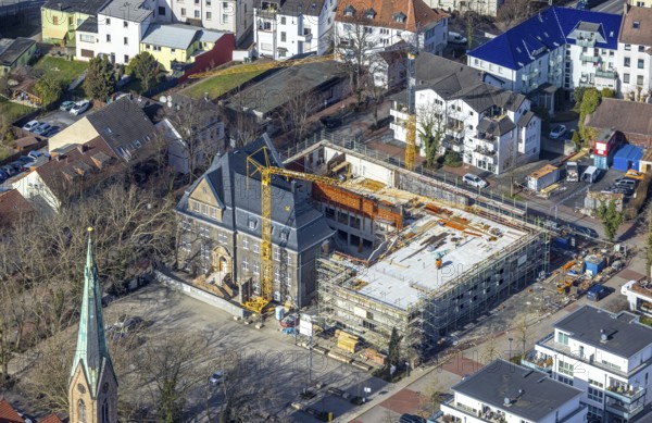 Aerial view, holzwickede construction site municipal administration, near protestant church Am Markt, market place, Freiberg, Holzwickede, Ruhr area, North Rhine-Westphalia, Germany, DE, Europe, birds-eyes view, aerial photography, aerial photography, aerial photography, overview, bird's eye view