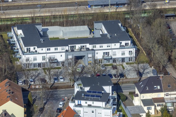 Aerial view, new residential and commercial building Bahnhofstraße, Sauer Büroservice u. Verwaltungs- GmbH, Freiberg, Holzwickede, Ruhr area, North Rhine-Westphalia, Germany, DE, Europe, birds-eyes view, aerial photograph, aerial photography, aerial photography, overview, bird's eye view