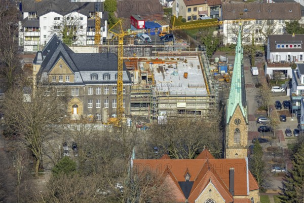 Aerial view, holzwickede construction site municipal administration, near protestant church Am Markt, market place, Freiberg, Holzwickede, Ruhr area, North Rhine-Westphalia, Germany, DE, Europe, birds-eyes view, aerial photography, aerial photography, aerial photography, overview, bird's eye view