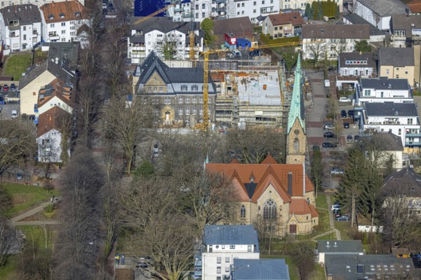 Aerial view, holzwickede construction site municipal administration, near protestant church Am Markt, market place, Freiberg, Holzwickede, Ruhr area, North Rhine-Westphalia, Germany, DE, Europe, birds-eyes view, aerial photography, aerial photography, aerial photography, overview, bird's eye view