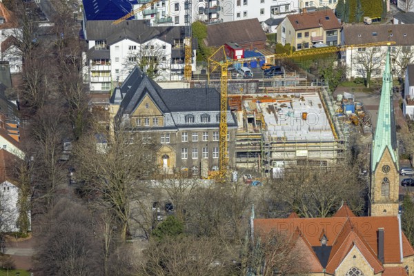 Aerial view, holzwickede construction site municipal administration, near protestant church Am Markt, market place, Freiberg, Holzwickede, Ruhr area, North Rhine-Westphalia, Germany, DE, Europe, birds-eyes view, aerial photography, aerial photography, aerial photography, overview, bird's eye view