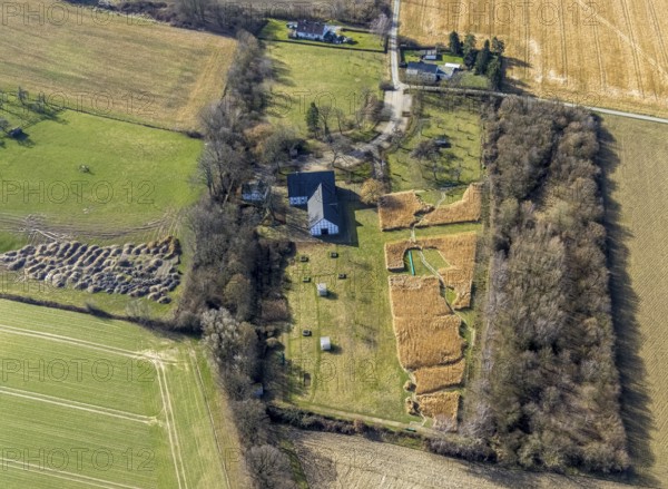 Aerial view, Emscherquellhof (formerly Lünschermannshof) is a half-timbered farmstead in the western Hixterwald, Emschergenossenschaft, Hohenleuchte, Holzwickede, Ruhr area, North Rhine-Westphalia, Germany, DE, Europe, birds-eyes view, aerial view, aerial photography, aerial photography, overview, bird's eye view