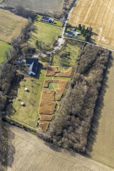 Aerial view, Emscherquellhof (formerly Lünschermannshof) is a half-timbered farmstead in the western Hixterwald, Emschergenossenschaft, Hohenleuchte, Holzwickede, Ruhr area, North Rhine-Westphalia, Germany, DE, Europe, birds-eyes view, aerial view, aerial photography, aerial photography, overview, bird's eye view