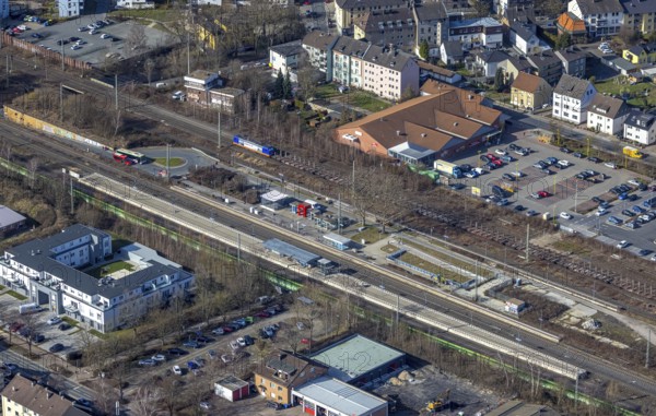 Aerial view, station Holzwickede, station Holzwickede is a transit station in the city of Holzwickede, platforms, S-Bahn station Holzwickede, Freiberg, Holzwickede, Ruhr area, North Rhine-Westphalia, Germany, DE, Europe, birds-eyes view, aerial view, aerial photography, aerial photography, overview, bird's eye view