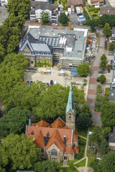 Aerial view, town hall Holzwickede, construction site and extension of the city administration, Evang. Church Am Markt, Freiberg, Holzwickede, Ruhr area, North Rhine-Westphalia, Germany, Am Markt, extension, place of worship, construction work, construction area, building site, building plots, construction project, construction site, DE, extension building, Europe, religious community, place of worship, holy place, church, parish, denomination, aerial view, aerial photography, aerial photography, new building, religion, religious site, overview, bird's eye view, birds-eyes view, overview