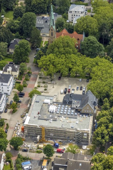 Aerial view, town hall Holzwickede, construction site and extension of the city administration, Freiberg, Holzwickede, Ruhr area, North Rhine-Westphalia, Germany, Am Markt, extension, construction work, construction area, building site, building plots, construction project, construction site, DE, extension, Europe, aerial view, aerial photography, aerial photography, new building, overview, bird's eye view, bird's eye view, overview
