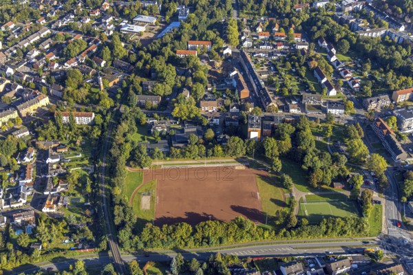 Aerial view, sports facility on Gelsenkircher Straße in the Wanne district of Herne, Ruhr area, North Rhine-Westphalia, Germany, DE, Europe, football pitch, football stadium, Herne, aerial view, aerial photography, aerial photography, sports, sports facilities, sports field, sports venue, overview, bird's-eye view, overview