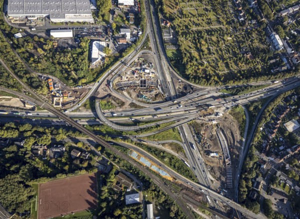 Aerial view, construction site with tunnel construction at the motorway junction Herne of the A42 and A43 in the district Baukau-West in Herne, Ruhr area, North Rhine-Westphalia, Germany, motorway, motorway junction, construction work, construction area, building site, building plots, construction project, construction site, DE, Europe, Herne, aerial view, aerial photography, aerial photography, overview, connecting tunnel, bird's-eye view, overview
