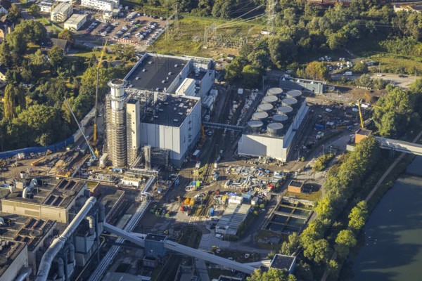 Aerial view, STEAG Herne CHP plant with construction project gas and steam power plant GuD Herne in the district Baukau-West in Herne, Ruhr area, North Rhine-Westphalia, Germany, construction work, construction area, construction site, building site, construction project, construction project, construction site, DE, Europe, Herne, power plant, aerial view, aerial photography, aerial photography, new building, overview, bird's-eye view, overview