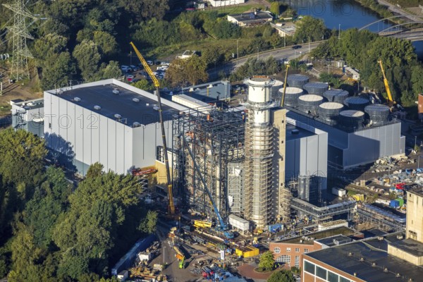 Aerial view, STEAG Herne CHP plant with construction project gas and steam power plant GuD Herne in the district Baukau-West in Herne, Ruhr area, North Rhine-Westphalia, Germany, construction work, construction area, construction site, building site, construction project, construction project, construction site, DE, Europe, Herne, power plant, aerial view, aerial photography, aerial photography, new building, overview, bird's-eye view, overview