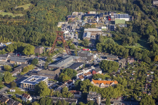 Aerial view, industrial area Wilhelmstraße with winding tower of the former Pluto colliery and innospec Deutschland chemical plant in the Wanne district of Herne, Ruhr area, North Rhine-Westphalia, Germany, DE, Europe, Herne, aerial view, aerial photography, aerial photography, overview, bird's-eye view, colliery site, birds-eyes view, overview