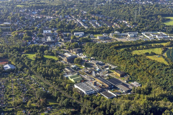 Aerial view, industrial area Wilhelmstraße with winding tower of the former Pluto colliery and innospec Deutschland chemical plant in the Wanne district of Herne, Ruhr area, North Rhine-Westphalia, Germany, DE, Europe, Herne, aerial view, aerial photography, aerial photography, overview, bird's-eye view, colliery site, birds-eyes view, overview