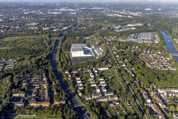 Aerial view, Nordfrost logistics centre in the district of Unser Fritz in Herne, noise problems of local residents, Ruhr area, North Rhine-Westphalia, Germany, DE, Europe, commercial enterprises, commercial area, commercial site, commercial use, Herne, industrial area, industrial site, aerial photograph, aerial photography, aerial photography, overview, bird's-eye view, bird's-eye view, former Unser Fritz colliery, overview