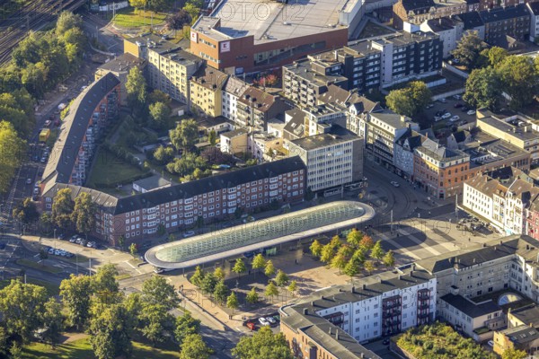 Aerial view, tram stop Am Buschmannshof with futuristic roof construction in the district Wanne in Herne, Ruhr area, North Rhine-Westphalia, Germany, DE, Europe, tram stop, Herne, aerial view, aerial photography, aerial photography, overview, bird's-eye view, overview