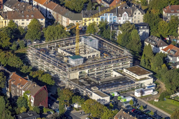 Aerial view, construction site and expansion of the Rheumatism Centre Ruhr Area in the St. Elisabeth Group in the Wanne district of Herne, Ruhr Area, North Rhine-Westphalia, Germany, construction work, construction area, construction site, building plot, construction project, construction site, DE, Europe, Herne, Katholische Kliniken Rhein-Ruhr, aerial photograph, aerial photography, aerial photography, new building, overview, bird's-eye view, overview