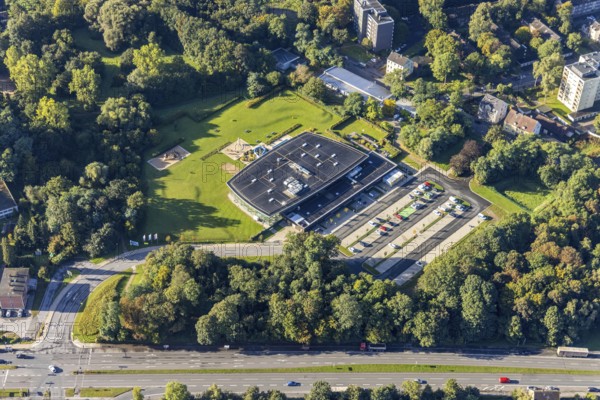 Aerial view, Wananas sports and leisure pool in the district Baukau-West in Herne, Ruhr area, North Rhine-Westphalia, Germany, bathing establishment, bathing resort, DE, Europe, leisure activities, indoor swimming pool, Herne, aerial photograph, aerial photography, aerial photography, swimming pool, overview, bird's-eye view, birds-eyes view, overview