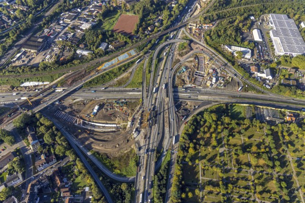 Aerial view, construction site with tunnel construction at the motorway junction Herne of the A42 and A43 in the district Baukau-West in Herne, Ruhr area, North Rhine-Westphalia, Germany, motorway, motorway junction, construction work, construction area, building site, building plots, construction project, construction site, DE, Europe, Herne, aerial view, aerial photography, aerial photography, overview, connecting tunnel, bird's-eye view, overview