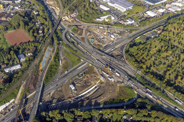 Aerial view, construction site with tunnel construction at the motorway junction Herne of the A42 and A43 in the district Baukau-West in Herne, Ruhr area, North Rhine-Westphalia, Germany, motorway, motorway junction, construction work, construction area, building site, building plots, construction project, construction site, DE, Europe, Herne, aerial view, aerial photography, aerial photography, overview, connecting tunnel, bird's-eye view, overview