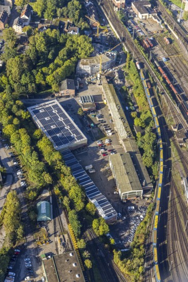 Aerial view, former Heitkamp-Villa construction site and new building for flats at Heitkampsfeld and TROPOS MOTORS EUROPE solar roof building in the district Wanne-Süd in Herne, Ruhr area, North Rhine-Westphalia, Germany, construction work, construction area, construction site, building plots, building crane, building project, building site, DE, Europe, property tax, Heitkampsfeld, Herne, real estate, aerial view, aerial photography, aerial photography, new building, overview, bird's eye view, living and life, residential buildings, birds-eyes view, overview