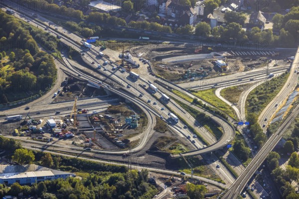 Aerial view, construction site with tunnel construction at the motorway junction Herne of the A42 and A43 in the district Baukau-West in Herne, Ruhr area, North Rhine-Westphalia, Germany, motorway, motorway junction, construction work, construction area, building site, building plots, construction project, construction site, DE, Europe, Herne, aerial view, aerial photography, aerial photography, overview, connecting tunnel, bird's-eye view, overview