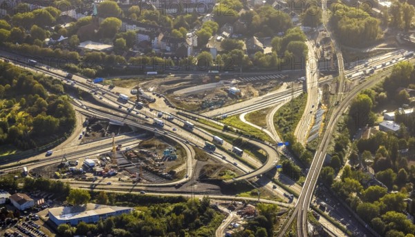 Aerial view, construction site with tunnel construction at the motorway junction Herne of the A42 and A43 in the district Baukau-West in Herne, Ruhr area, North Rhine-Westphalia, Germany, motorway, motorway junction, construction work, construction area, building site, building plots, construction project, construction site, DE, Europe, Herne, aerial view, aerial photography, aerial photography, overview, connecting tunnel, bird's-eye view, overview