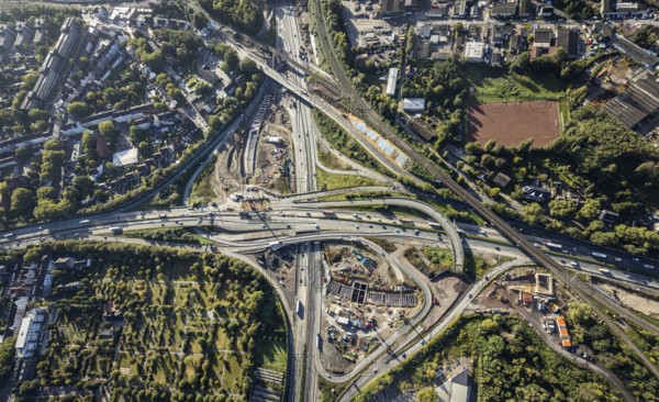 Aerial view, construction site with tunnel construction at the motorway junction Herne of the A42 and A43 in the district Baukau-West in Herne, Ruhr area, North Rhine-Westphalia, Germany, motorway, motorway junction, construction work, construction area, building site, building plots, construction project, construction site, DE, Europe, Herne, aerial view, aerial photography, aerial photography, overview, connecting tunnel, bird's-eye view, overview