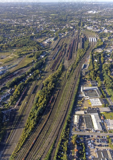 Aerial view, freight station Herne and Wanne-Eickel main station in the district Wanne in Herne, Ruhr area, North Rhine-Westphalia, Germany, railway tracks, railway station, DE, Deutsche Bahn AG, Europe, railway tracks, freight station, goods trains, main station, main station, Herne, aerial view, aerial photography, aerial photography, marshalling yard, signal box, overview, bird's eye view, birds-eyes view, overview