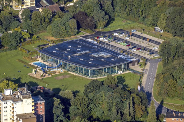 Aerial view, Wananas sports and leisure pool in the district Baukau-West in Herne, Ruhr area, North Rhine-Westphalia, Germany, bathing establishment, bathing resort, DE, Europe, leisure activities, indoor swimming pool, Herne, aerial photograph, aerial photography, aerial photography, swimming pool, overview, bird's-eye view, birds-eyes view, overview