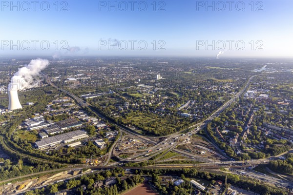 Aerial view, construction site with tunnel construction at the motorway junction Herne of the A42 and A43 in the district Baukau-West in Herne, Ruhr area, North Rhine-Westphalia, Germany, motorway, motorway junction, construction work, construction area, building site, building plots, construction project, construction site, DE, Europe, distant view, Herne, aerial view, aerial photography, aerial photography, overview, connecting tunnel, bird's-eye view, overview