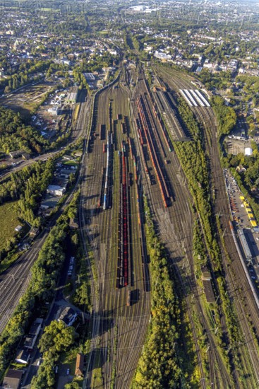 Aerial view, freight station Herne and Wanne-Eickel main station in the district Wanne in Herne, Ruhr area, North Rhine-Westphalia, Germany, railway tracks, railway station, DE, Deutsche Bahn AG, Europe, railway tracks, freight station, goods trains, main station, main station, Herne, aerial view, aerial photography, aerial photography, marshalling yard, signal box, overview, bird's eye view, birds-eyes view, overview