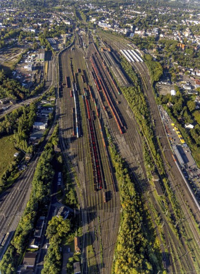 Aerial view, freight station Herne and Wanne-Eickel main station in the district Wanne in Herne, Ruhr area, North Rhine-Westphalia, Germany, railway tracks, railway station, DE, Deutsche Bahn AG, Europe, railway tracks, freight station, goods trains, main station, main station, Herne, aerial view, aerial photography, aerial photography, marshalling yard, signal box, overview, bird's eye view, birds-eyes view, overview