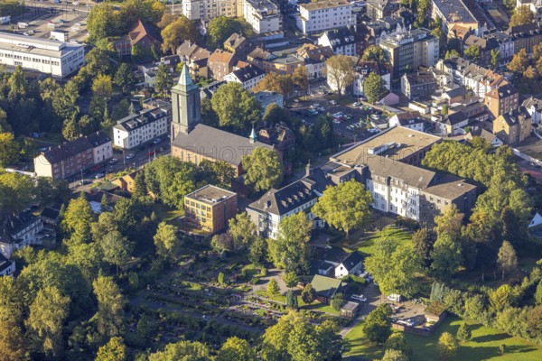 Aerial view, St. Marien Church and St. Marien Hospital Eickel in the district of Eickel in Herne, Ruhr area, North Rhine-Westphalia, Germany, place of worship, DE, Europe, healthcare, religious community, place of worship, holy place, Herne, hospital, church, parish, clinic, clinic centre, denomination, hospital, aerial photograph, aerial photography, aerial photography, medical facility, medical aid, religion, religious site, overview, bird's-eye view, birds-eyes view, overview, medical care